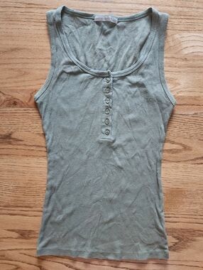 Active Basic Women's Solid Green Ribbed Button Down Scoop Neck Tank Top Small S